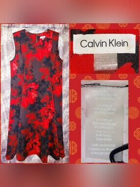 Calvin Klein Red & Black Floral Print A-Line Soft Ponte Knit Midi Dress Sz 16W
